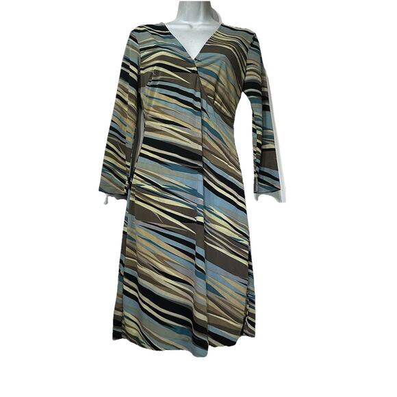 BCBG MaxAzria Stretch Dress M Surplice Wrap Blue Brown Stripe 3/4 Sleeve - Picture 2 of 6
